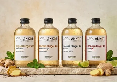 Premium ginger beer bottles with fresh ginger roots