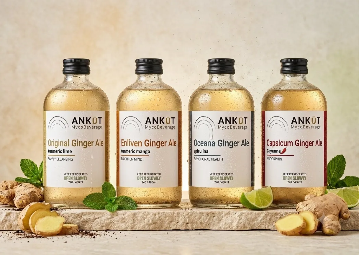 Premium ginger beer bottles with fresh ginger roots