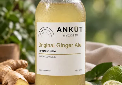 Premium ginger beer bottles with fresh ginger roots