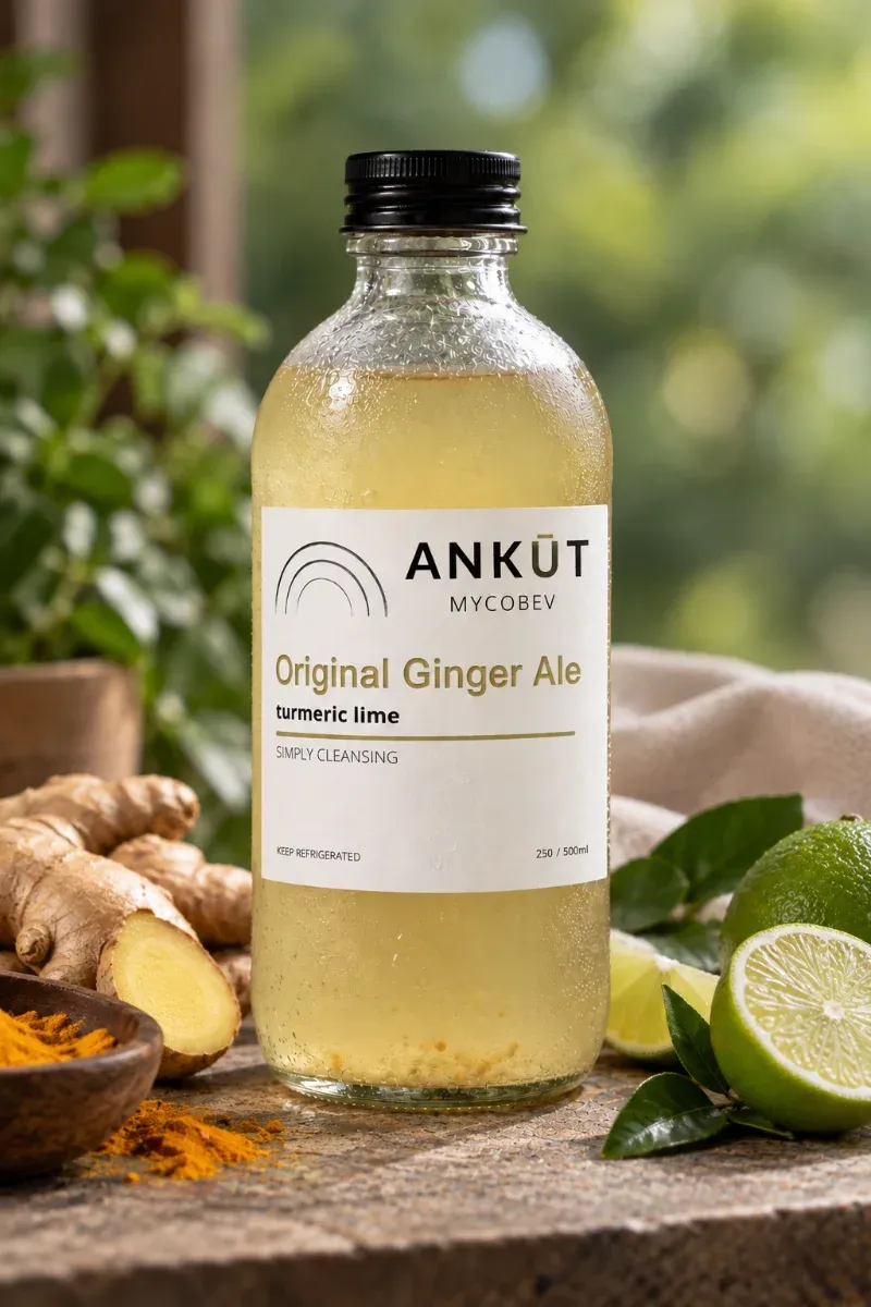 Premium ginger beer bottles with fresh ginger roots